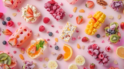 A variety of fruits and desserts are arranged beautifully on a pink surface, showcasing a mix of colors and textures in a visually appealing display