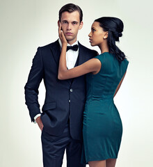 Portrait, man and woman in elegant fashion in studio and confidence in vintage style in mock up....