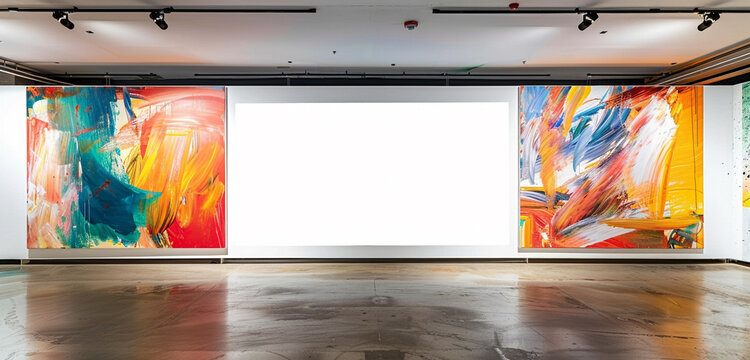 A modern art museum including vibrant abstract artworks as the background and a blank white poster