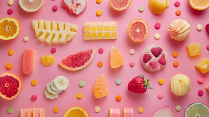 A close-up view of a variety of fruits and sweets, showcasing the vibrant colors and textures of the different items - obrazy, fototapety, plakaty