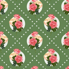 Roses seamless pattern with background. Romantic fabric design. - 762395839