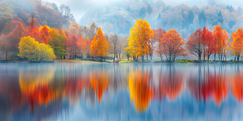 autumn landscape with lake, Colorful majestic river in  with autumn forest