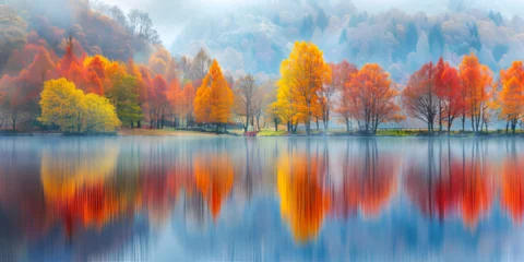 Fototapeten autumn landscape with lake, Colorful majestic river in  with autumn forest © Dreams