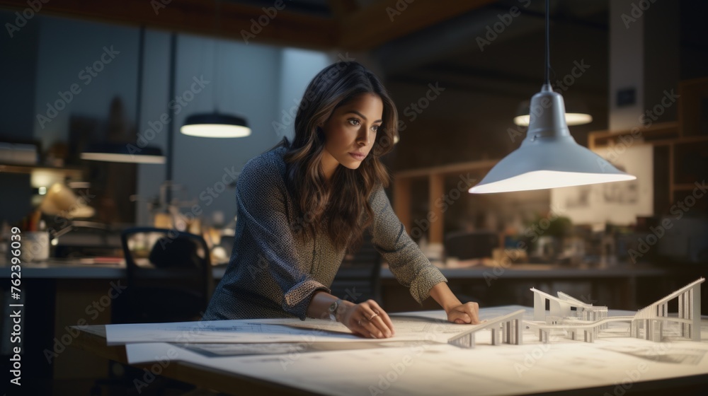 Poster Generative AI Female architect working on blueprints, designing a structure, architectural sketches visible in the background
