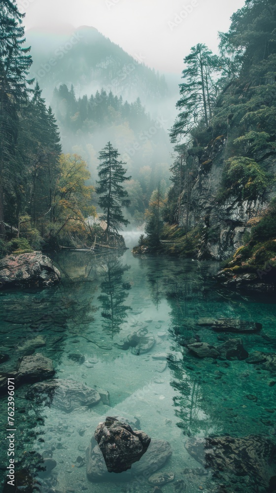 Poster a beautiful mountain stream with a tree in the foreground. the water is clear and calm, reflecting t