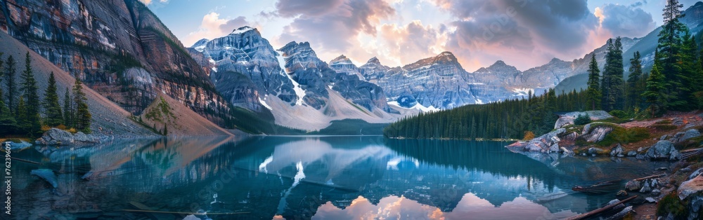 Poster a beautiful mountain range with a lake in the foreground. the sky is cloudy and the sun is setting