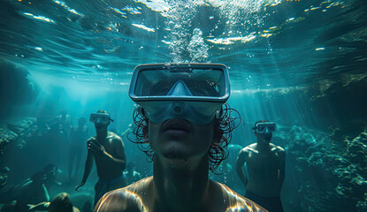 Dive into a concert party underwater with VR glasses from our online store developed in our lab by professional swimmers - obrazy, fototapety, plakaty