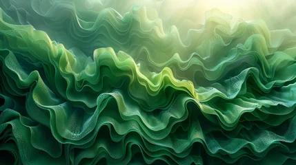 Zelfklevend Fotobehang Waves of green shades with a luminous glow, creating a serene and undulating abstract landscape. © Halyna