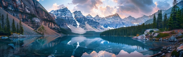 A beautiful mountain range with a lake in the foreground. The sky is cloudy and the sun is setting