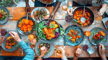 A group of individuals gathered around a table filled with plates of food