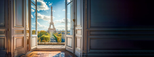 Travel, real estate in Paris for sale, booking, rent banner. View of the Eiffel Tower and the Seine River through the open balcony window of a vacation rental apartment on the Right Bank in Paris.