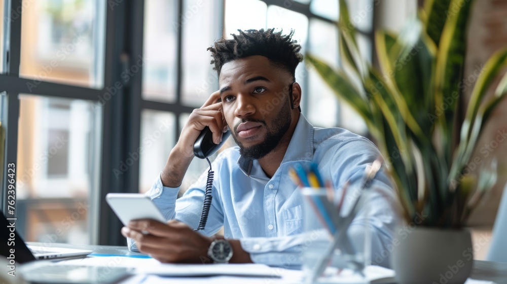 Poster A middle-aged man is seated at a table, engaged in conversation on a smartphone. He appears focused and attentive, possibly discussing business matters.