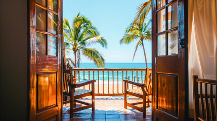 Naklejka premium window with idyllic beach landscape view. Palms on the ocean beach at sunny day. Real estate in for sale, rent booking. Travel, summer vacation