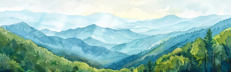 A detailed watercolor painting showcasing a majestic mountain range with tall trees in the foreground. The artist skillfully captures the beauty of nature with vibrant colors and intricate details.