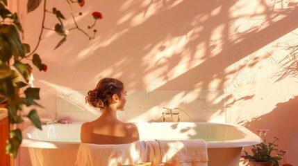A woman is seen sitting in a bathtub in a bathroom