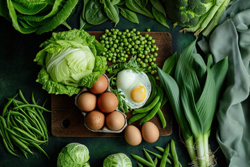 Fresh vegetables and eggs arranged on a wooden cutting board against a dark green background, top view - Powered by Adobe