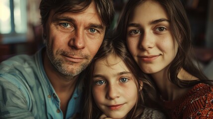 Obraz premium A man stands with two young girls, smiling, as they pose for a portrait. The trio is casually dressed and appears relaxed in front of the camera.