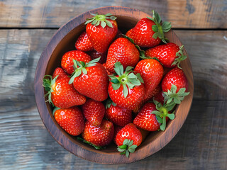 fresh strawberries in the bowl on the wooden table. - 762396623