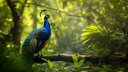 A vibrant Indian Blue Peafowl bird perched gracefully on a sturdy tree branch in the lush forest surroundings. The peacocks colorful feathers contrast beautifully with the natural greenery. © vadosloginov