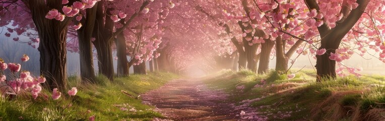 A dirt road is covered with a profusion of pink flowers, creating a stunning and colorful scene in the landscape. The flowers seem to stretch endlessly down the road, adding a bright pop of color to t