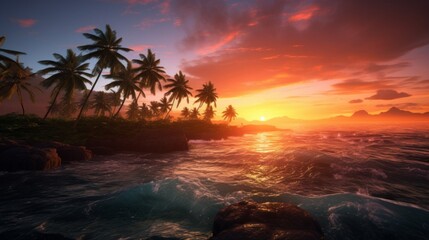 Generative AI Overhead shot capturing the silhouette of palm trees on remote islands against the stunning backdrop of a vibrant sunset, casting golden reflections on the tranquil waters below. photore