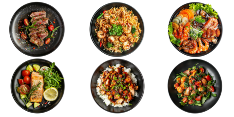 Set of various delicious food in black dishes isolated on transparent background, Top view of various menu served on plates.