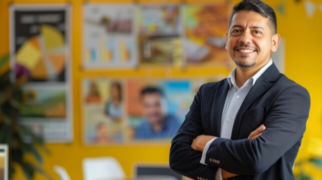 A Hispanic male entrepreneur in a suit showcasing a business demeanor with his arms crossed