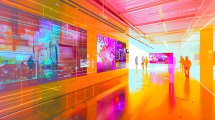 A group of individuals walking through a brightly lit room filled with light and shadows