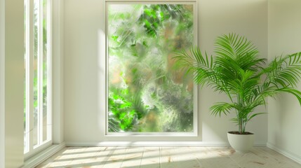 Fototapeta premium A potted plant sits next to a window, basking in the natural light that streams through the glass