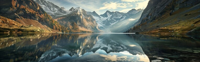 A majestic mountain range towering in the background, with a serene lake in the foreground reflecting the peaks. The scene captures the beauty of natures grandeur.