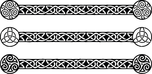 Grunge Celtic Knot Borders with Spirals, Triquetras, Triskeles - obrazy, fototapety, plakaty