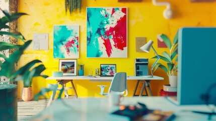 Yellow-walled room adorned with various paintings