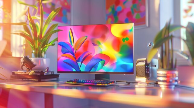 A computer monitor sits atop a desk in a bright and colorful workspace, showcasing a trendy and minimalist design