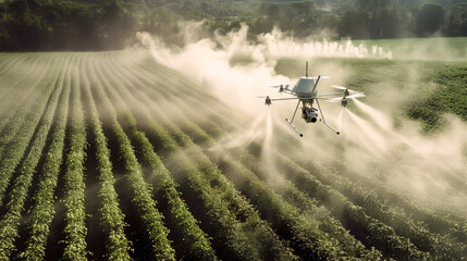 Agricultural drone spraying crops at dawn
