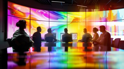A group of people sitting around a conference table, discussing a data-driven business strategy. The room is modern and filled with technology