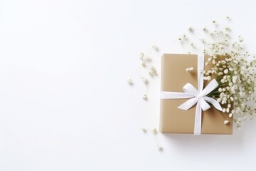Minimalistic composition of a beige gift box with white baby's breath on a clean white background.