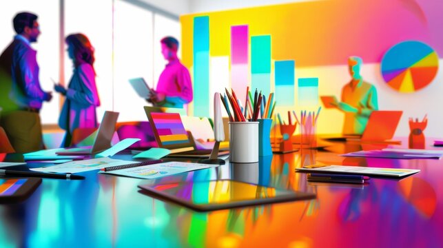 Diverse group of professionals standing around a table, collaborating on laptops in a modern office space