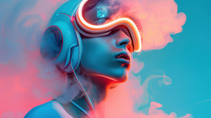 A subject wearing a helmet is profiled against a backdrop of vivid, dreamy neon-colored smoke creating a cyberpunk effect - obrazy, fototapety, plakaty