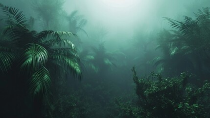 Fototapeta na wymiar Misty Tropical Rainforest Under a Soft Sunlight at Dawn