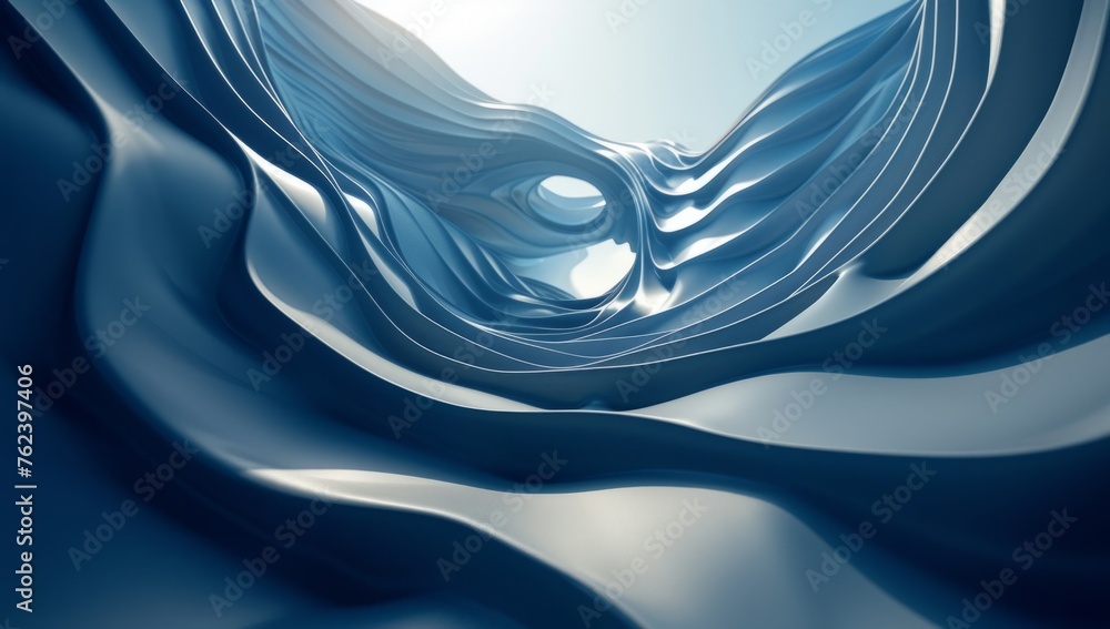 Poster 3d render, abstract blue background with lines and waves, geometric shape in the center generative a
