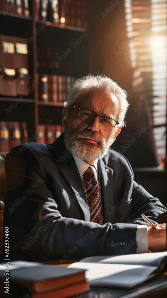 Aufkleber a professional man wearing a suit and tie is seated at a desk, possibly working or conducting busine