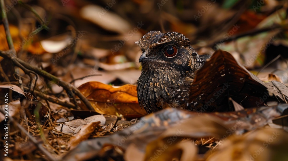 Aufkleber A small bird is sitting on top of a pile of leaves, blending in with its surroundings. The bird appears to be resting and observing its surroundings in a natural setting.
