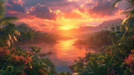 Sun Setting Over River With Palm Trees