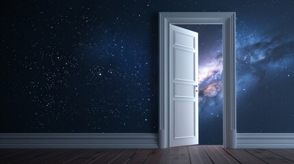 Mysterious Open Door Revealing a Vast Universe Against a Night Sky Background