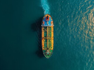 Top-down aerial shot of a solitary cargo ship sailing across the blue sea, emphasizing logistics and global trade.