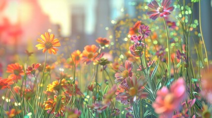Colorful bouquet of flowers scattered amidst the grass in an urban setting