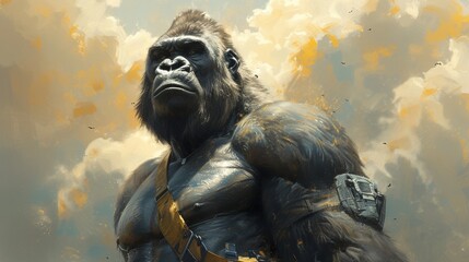 Gorilla Standing in Front of Cloudy Sky - obrazy, fototapety, plakaty