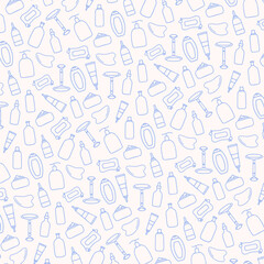 Fototapeta na wymiar Pastel pink and blue skincare pattern in line art hand-drawn style. Cute minimalist cosmetics illustrations and graphic design elements. Line art beauty pattern. Hand drawn seamless pattern.