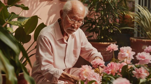 An old man with Asian descent sitting next to a potted plant, possibly engaged in gardening or tending to the plant