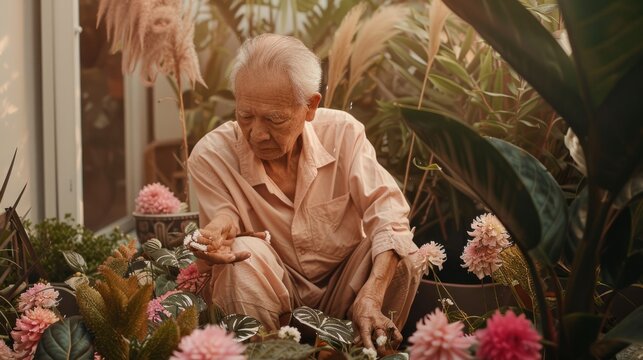 An Asian man kneeling down in front of a bunch of flowers, possibly cultivating or admiring them in an urban setting